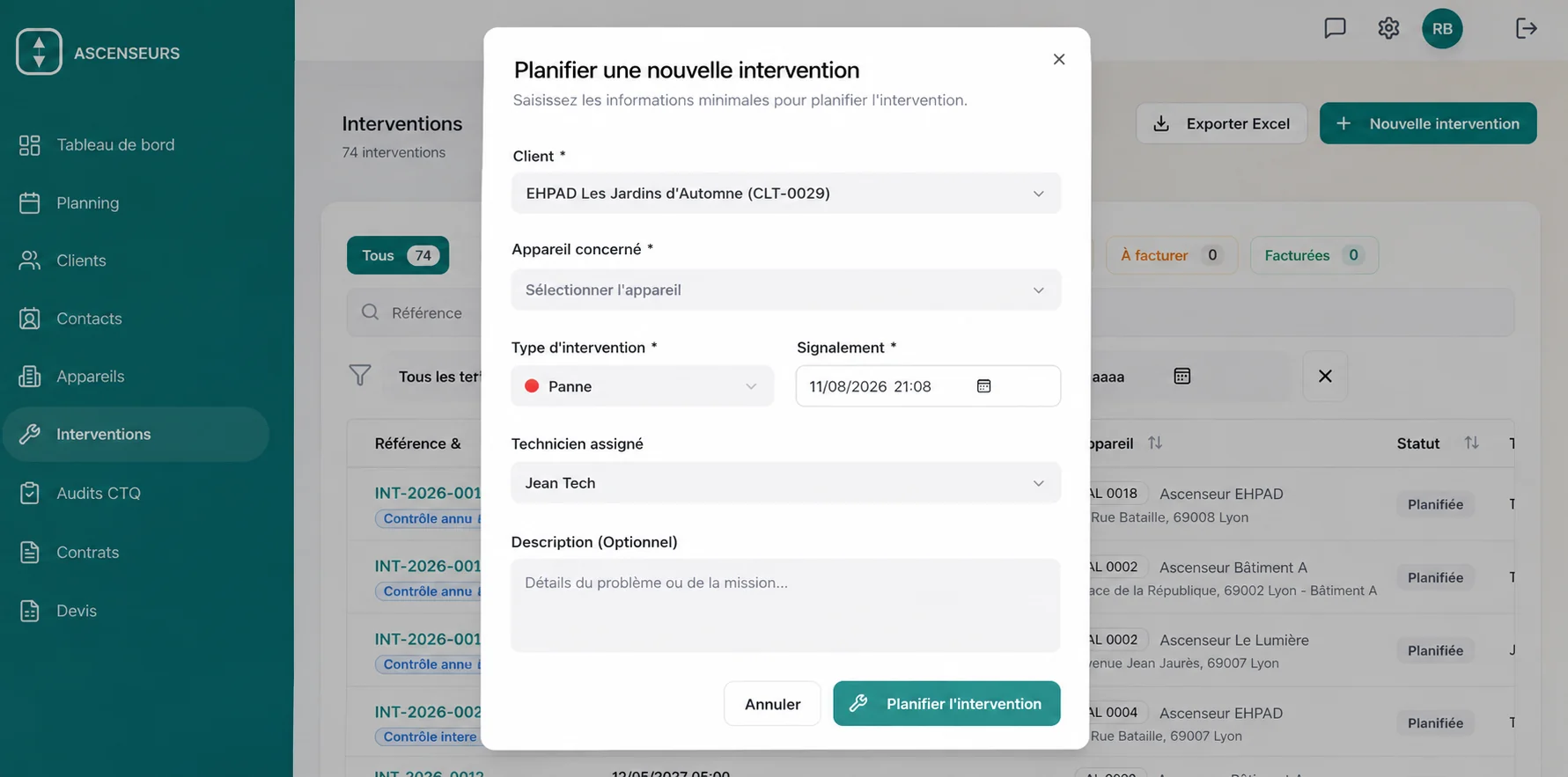 LiftO : fenêtre de planification d'une intervention, avec choix du client, de l'appareil, du type d'intervention et du technicien assigné