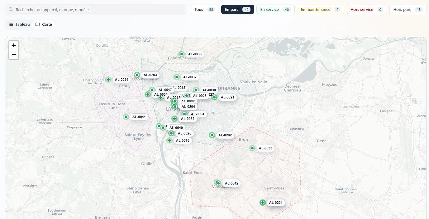 Carte du parc LiftO : appareils géolocalisés et secteurs d'intervention affichés sur une carte