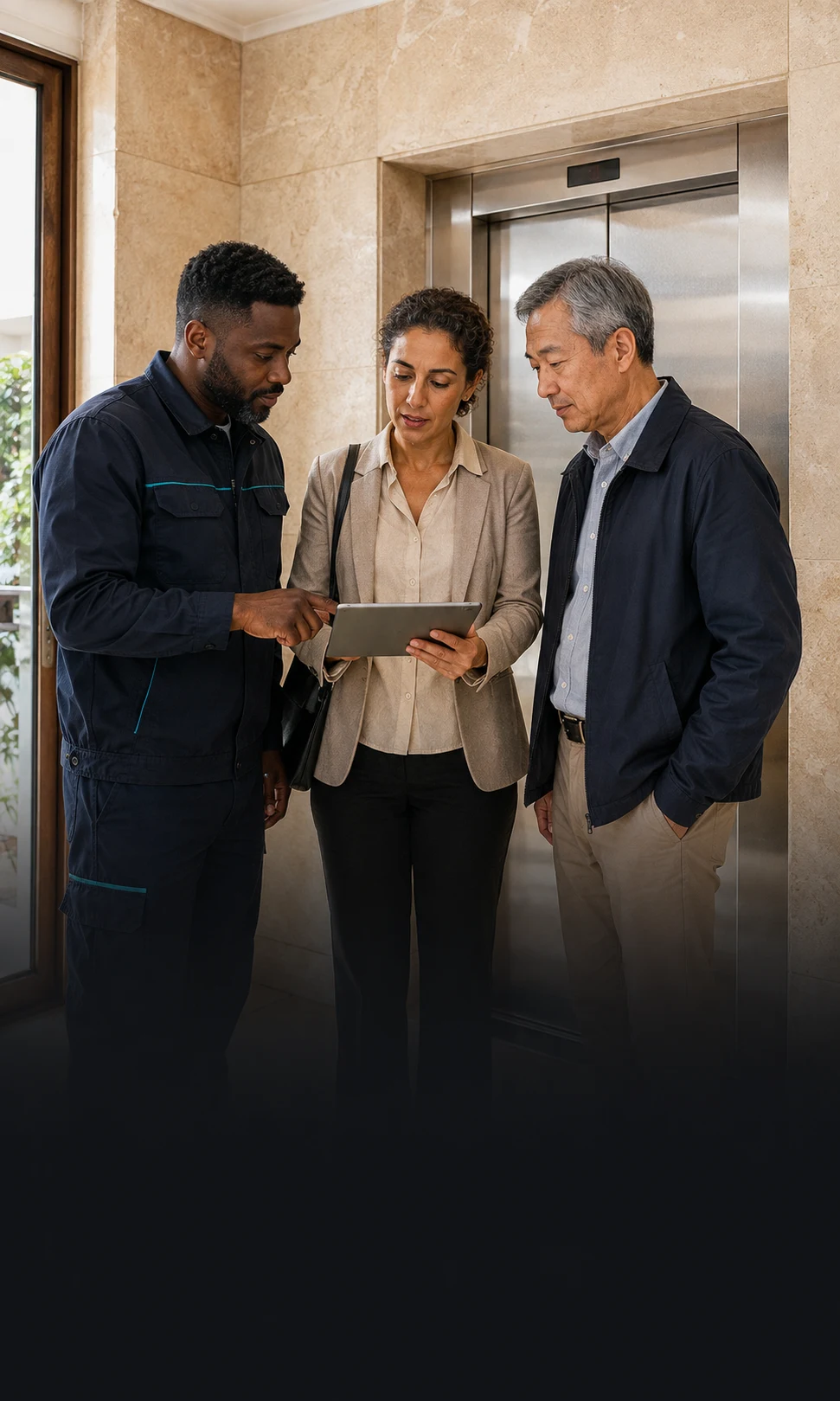 Ascensoriste, gestionnaire de copropriété et représentant du conseil syndical devant un ascenseur