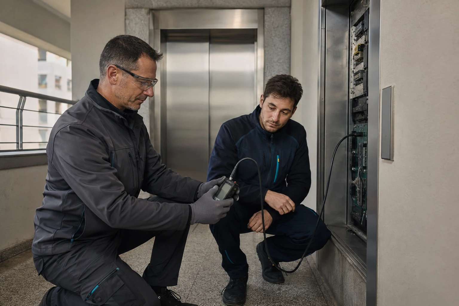 Contrôleur technique indépendant et ascensoriste lors d’un contrôle quinquennal