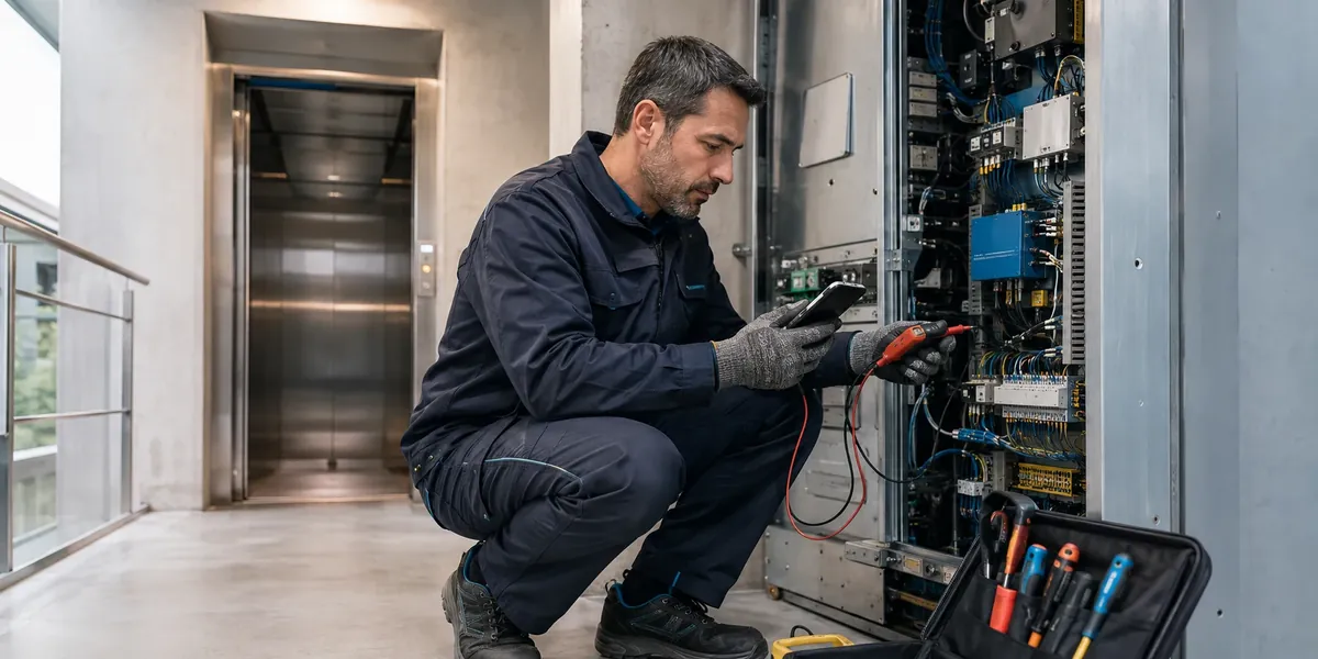 Ascensoriste indépendant réalisant un diagnostic sur une armoire de commande