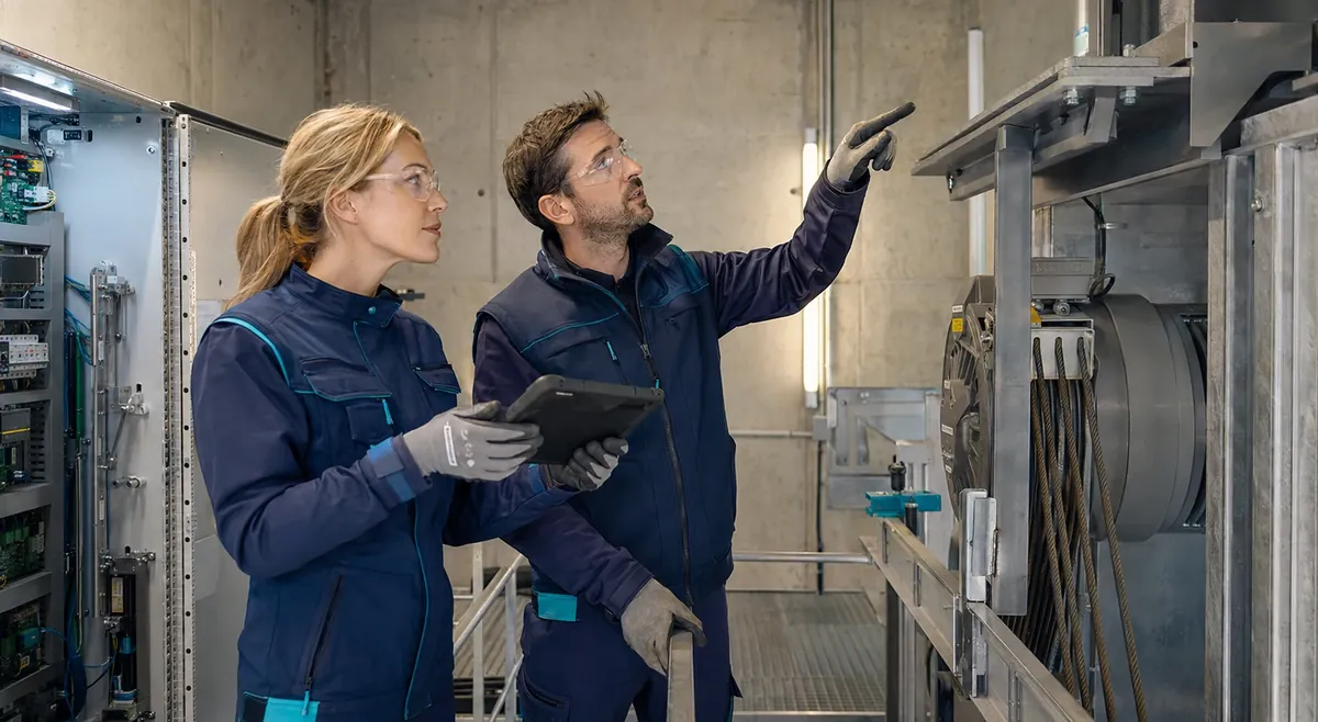 Deux ascensoristes préparant une intervention en local machinerie