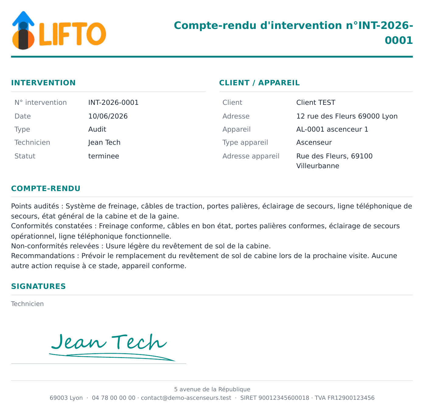 Compte-rendu LiftO : logo, informations de l’intervention et de l’appareil, observations et signature du technicien