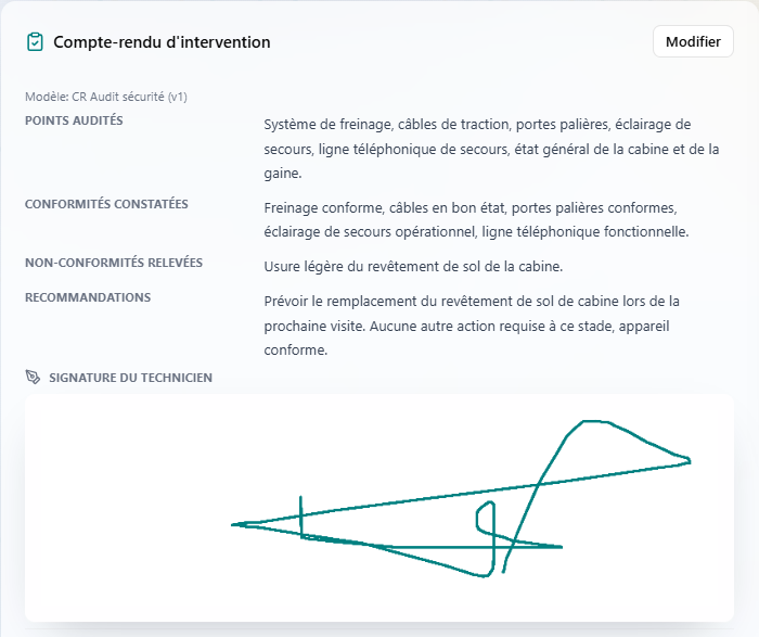 Compte-rendu d'intervention LiftO : constats saisis sur le terrain, conformités, recommandations et signature du technicien
